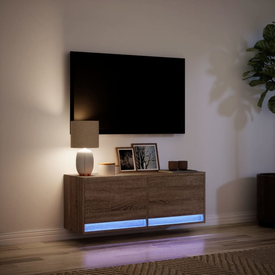 Mueble de TV de pared con luces LED marrón roble 100x31x35