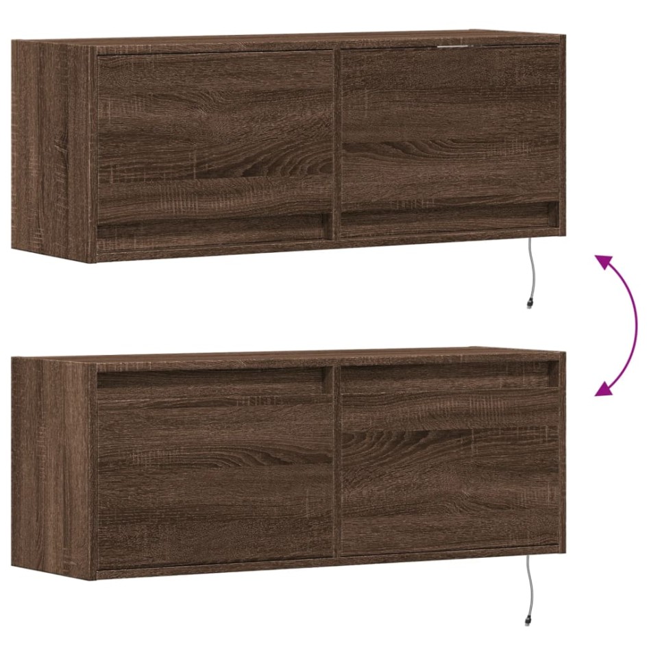 Mueble de TV de pared con luces LED marrón roble 100x31x35