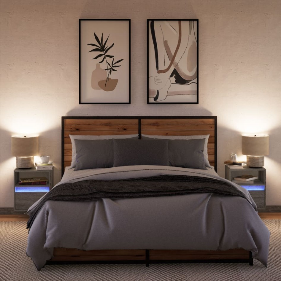 Mesitas de noche de pared con luces LED 2 unidades gris