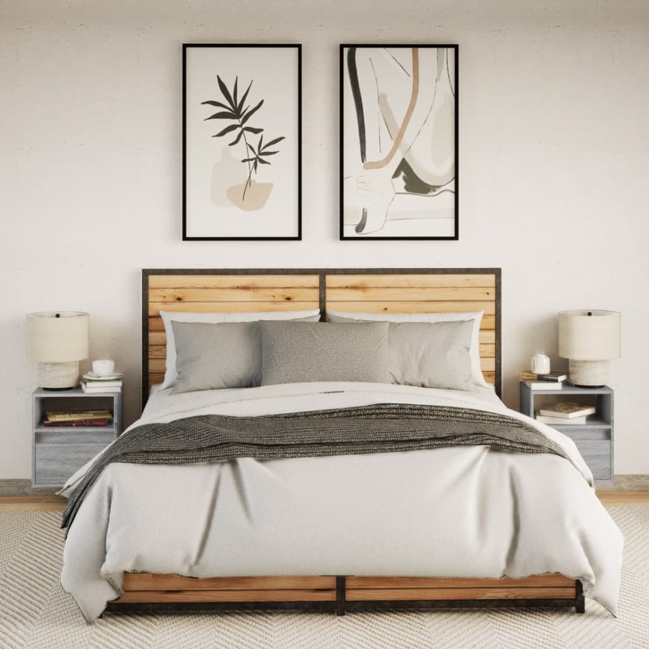 Mesitas de noche de pared con luces LED 2 unidades gris