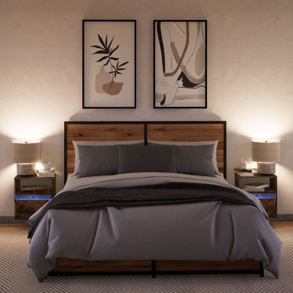 Mesitas de noche de pared con luces LED 2 uds roble