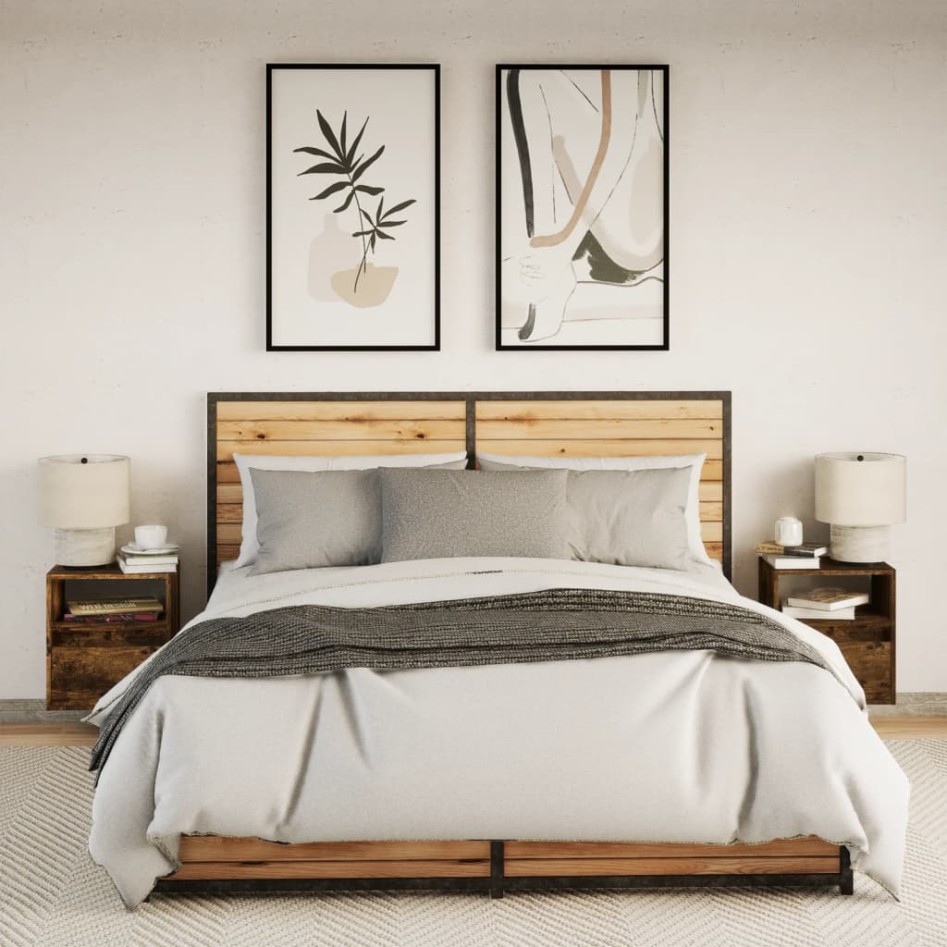 Mesitas de noche de pared con luces LED 2 uds roble