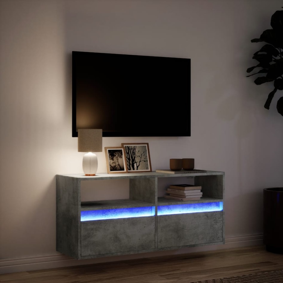 Mueble de TV de pared con luces LED gris hormigón 100x31x45