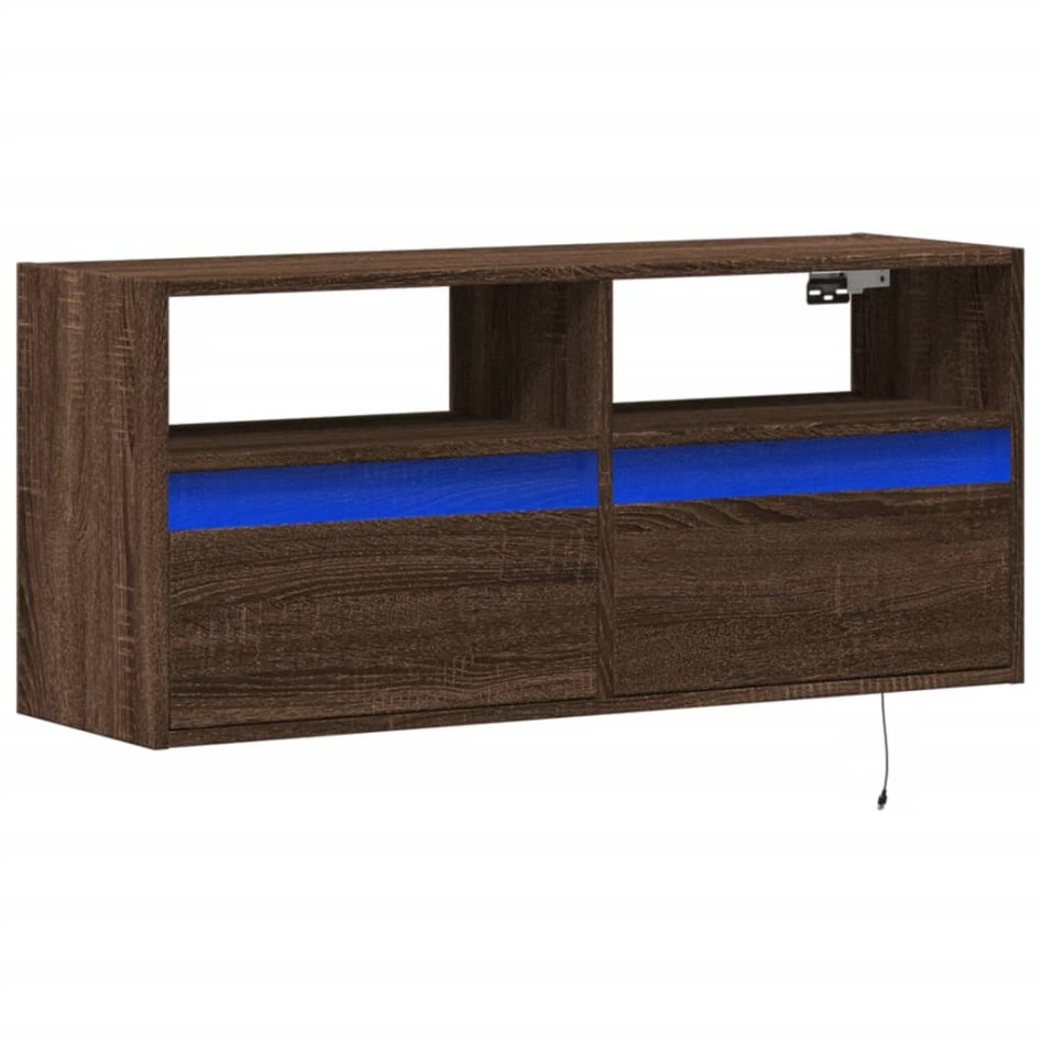 Mueble de TV de pared con luces LED marrón roble 100x31x45