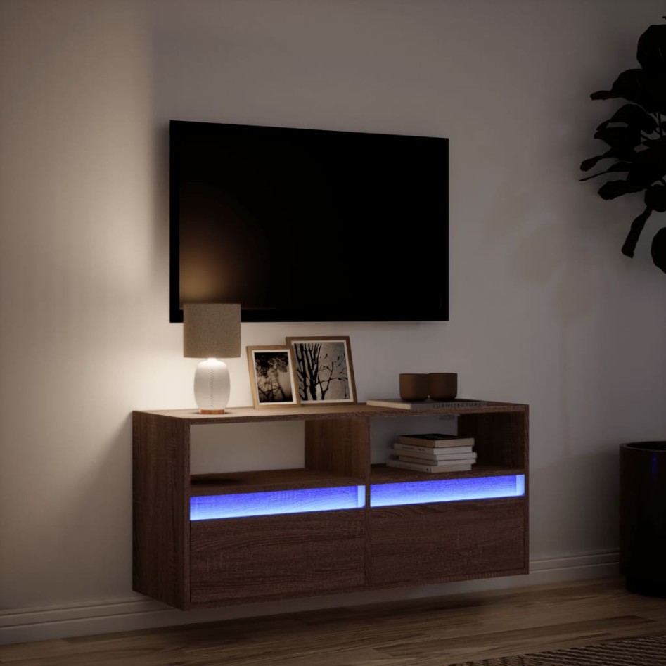 Mueble de TV de pared con luces LED marrón roble 100x31x45