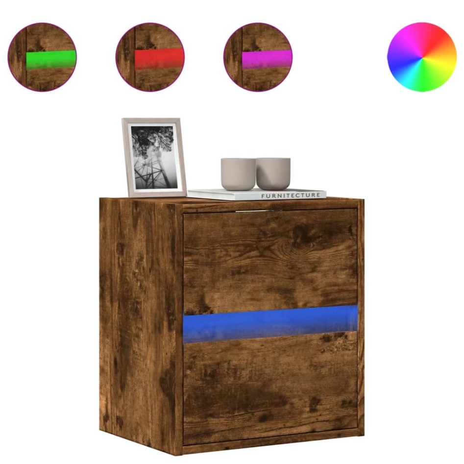 Mueble de TV de pared con luces LED roble ahumado 41x31x45
