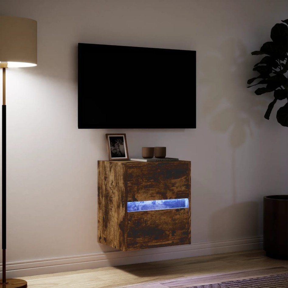 Mueble de TV de pared con luces LED roble ahumado 41x31x45