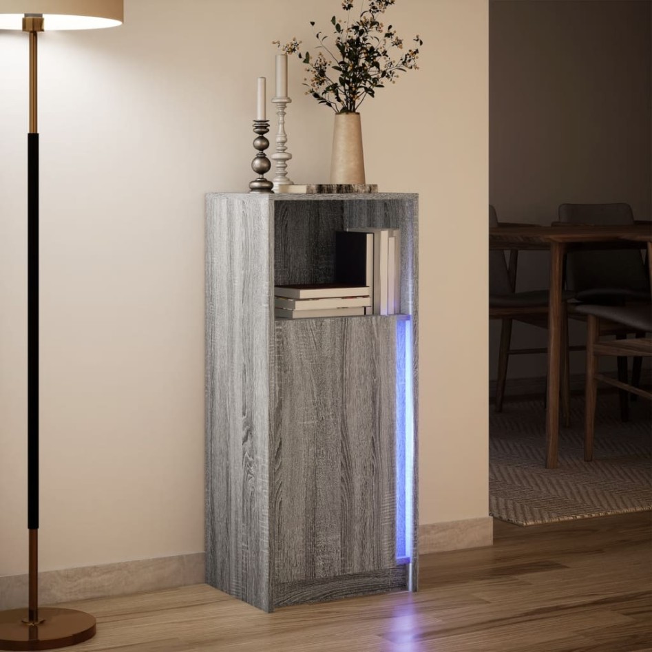 Aparador con LED madera de ingeniería gris Sonoma