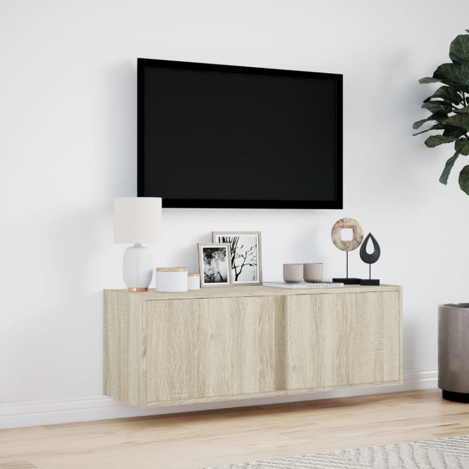 Mueble de TV de pared con luces LED roble Sonoma 100x31x35