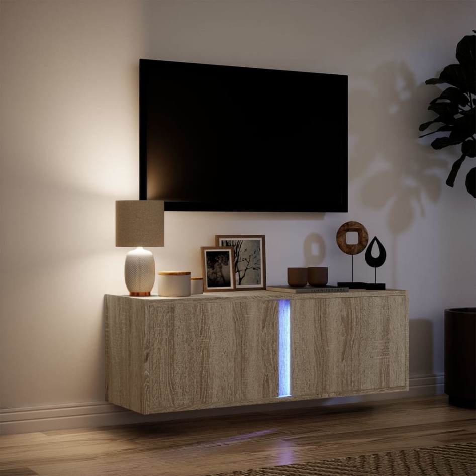 Mueble de TV de pared con luces LED roble Sonoma 100x31x35