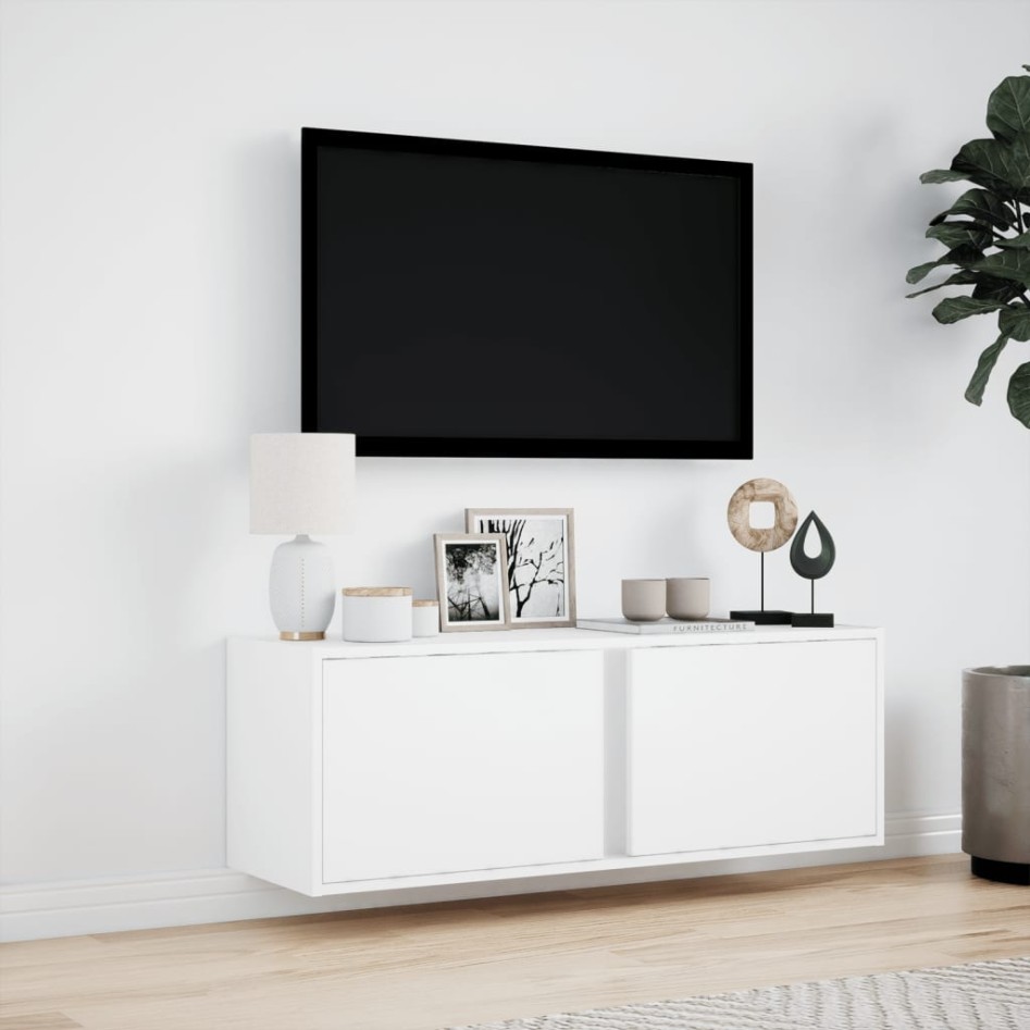Mueble de TV de pared con luces LED blanco 100x31x35