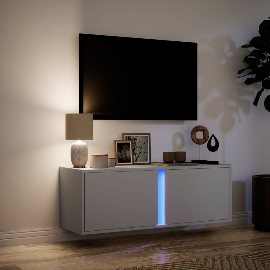 Mueble de TV de pared con luces LED blanco 100x31x35