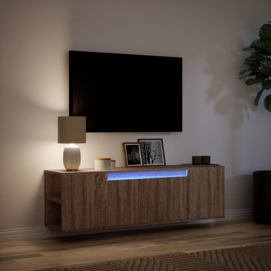 Mueble de TV de pared con luces LED marrón roble 135x31x39,5