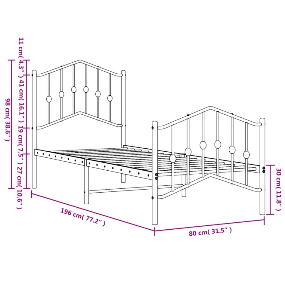 Estructura cama sin colchón con estribo metal negro 75x190
