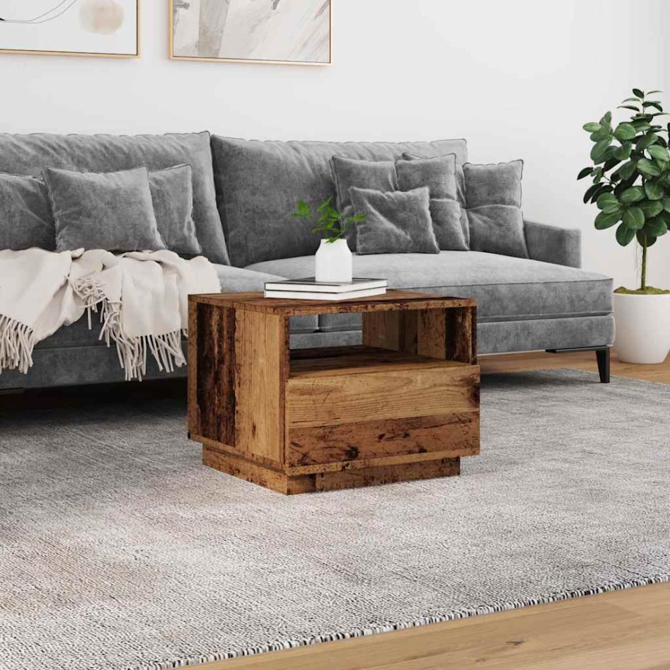 Mesa de centro con luces LED madera envejecida 50x49x40