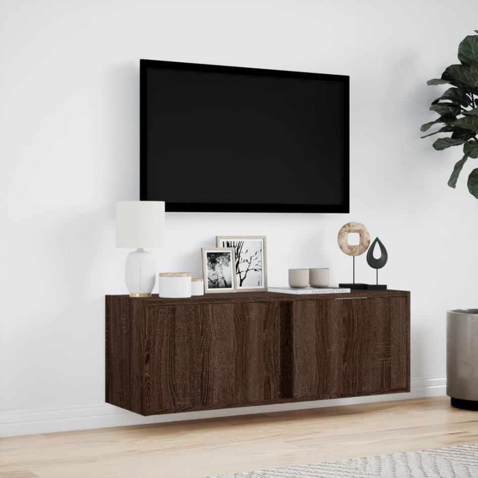 Mueble de TV de pared con luces LED marrón roble 100x31x35
