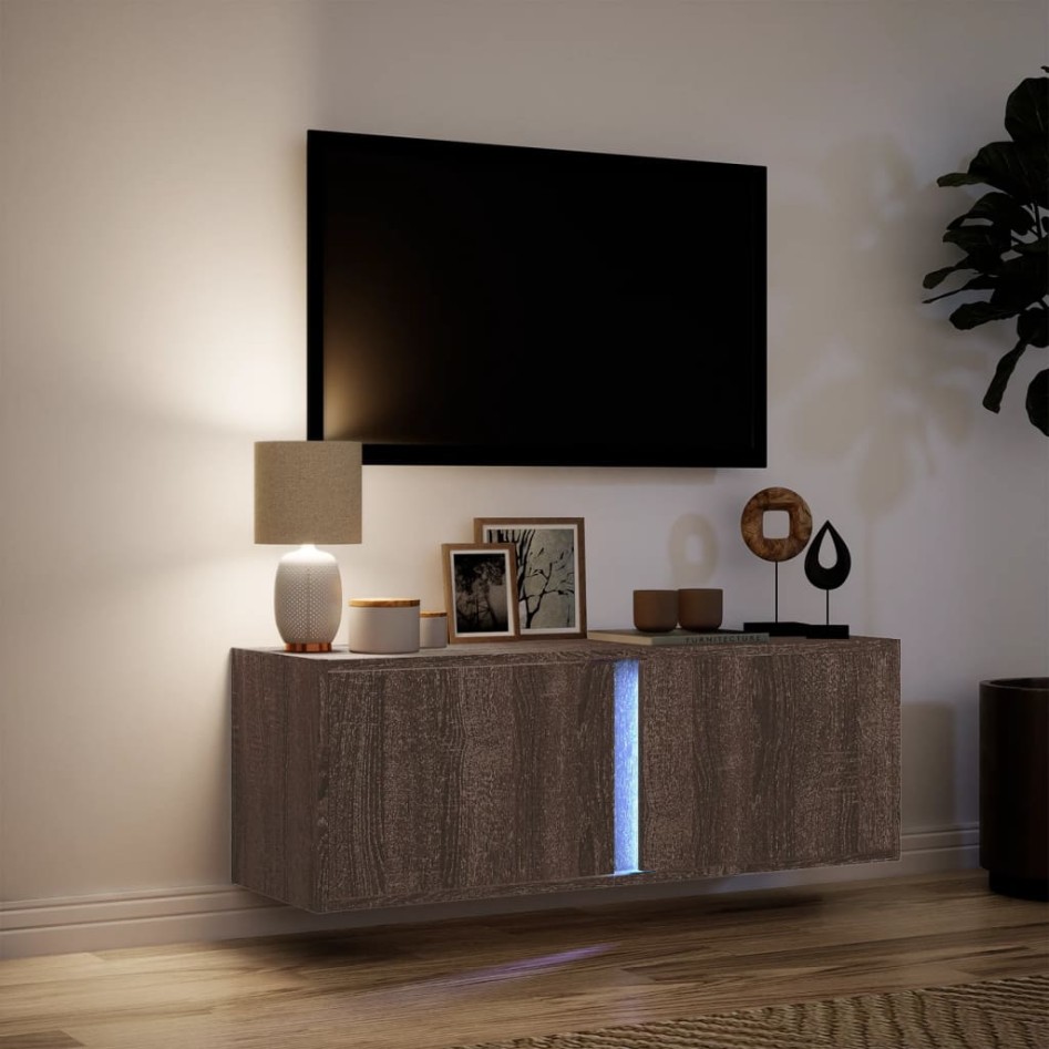 Mueble de TV de pared con luces LED marrón roble 100x31x35