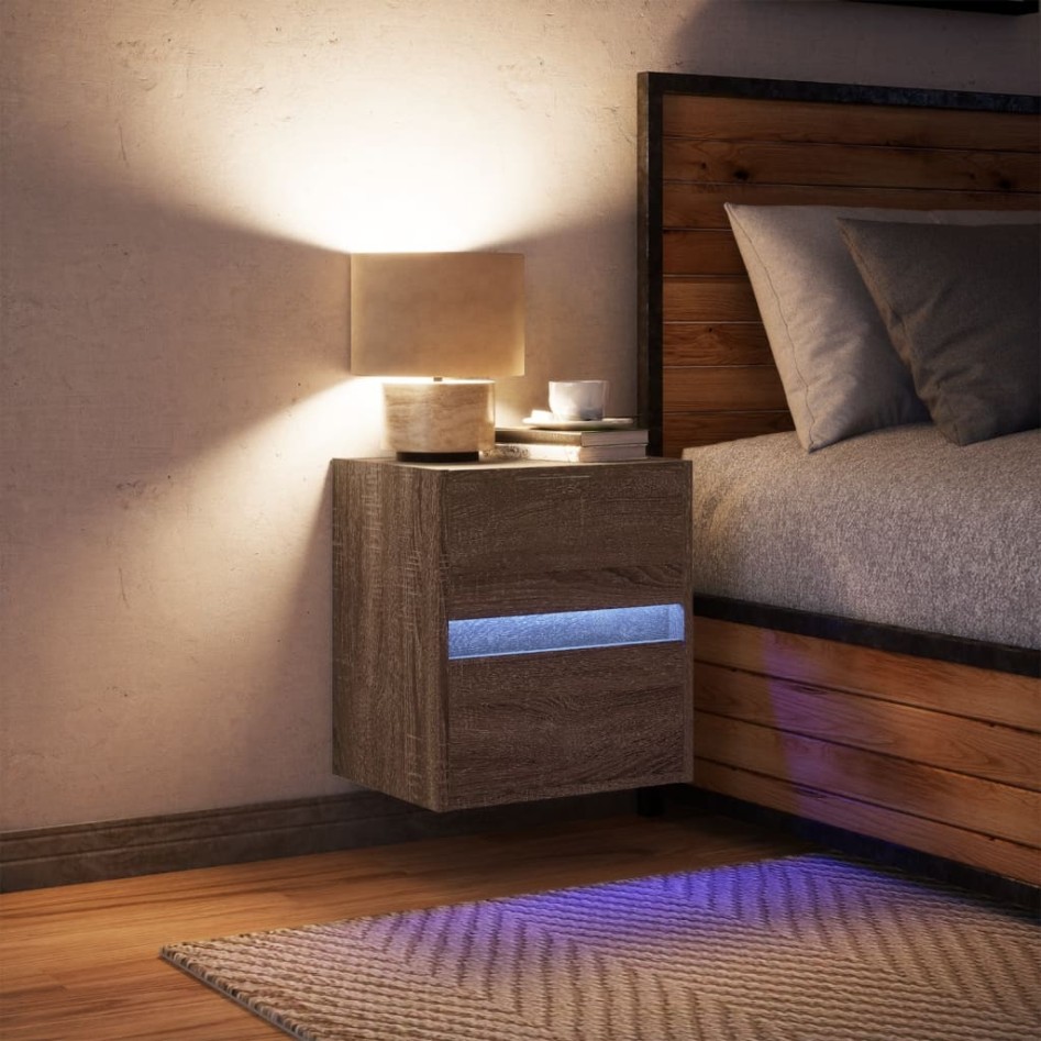 Mesita de noche de pared con luces LED roble