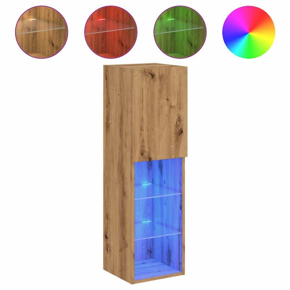 Mueble para TV con luces LED roble artesanal 30,5x30x102