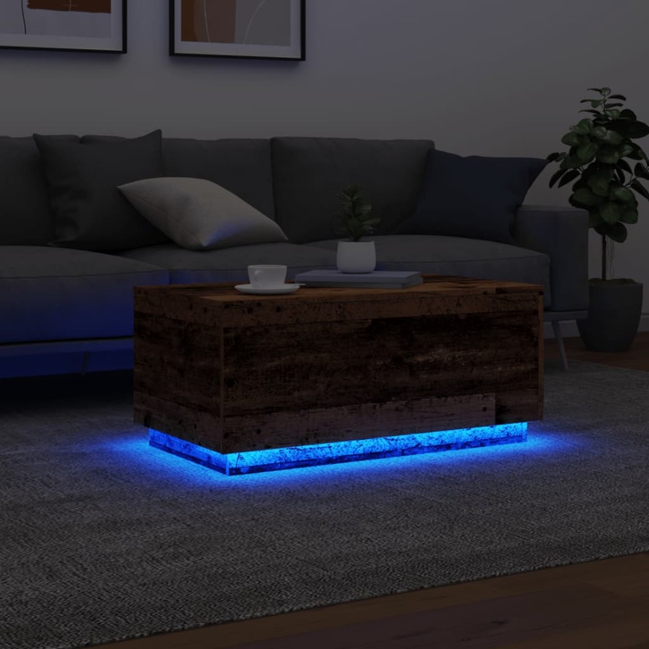 Mesa de centro con luces LED madera envejecida 90x50x40