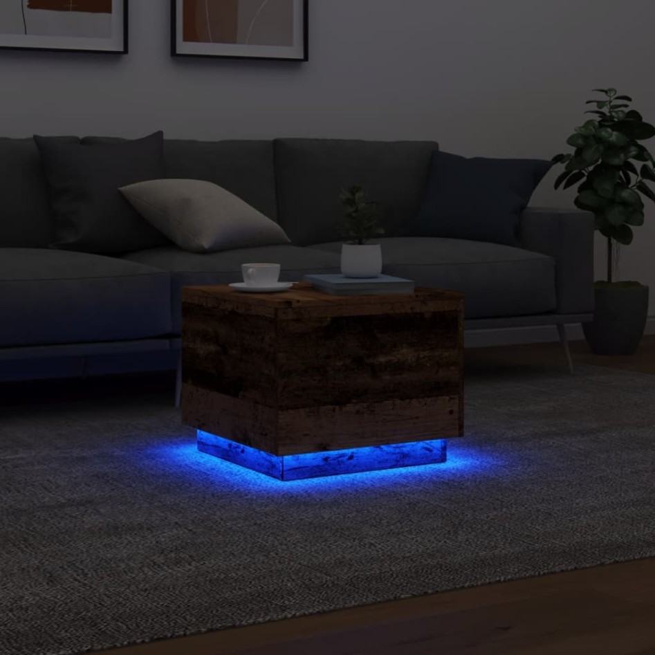 Mesa de centro con luces LED madera envejecida 50x50x40