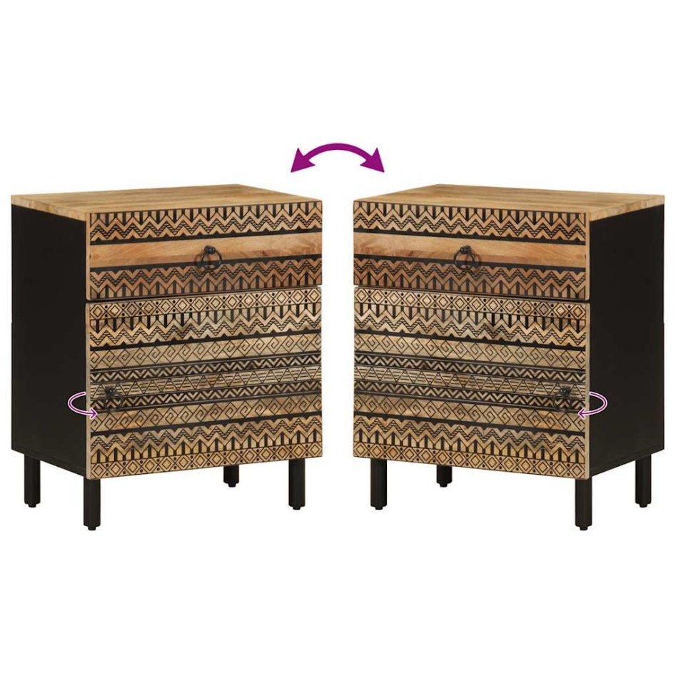 Mesita de noche madera maciza de mango rugosa negro 50x33x60