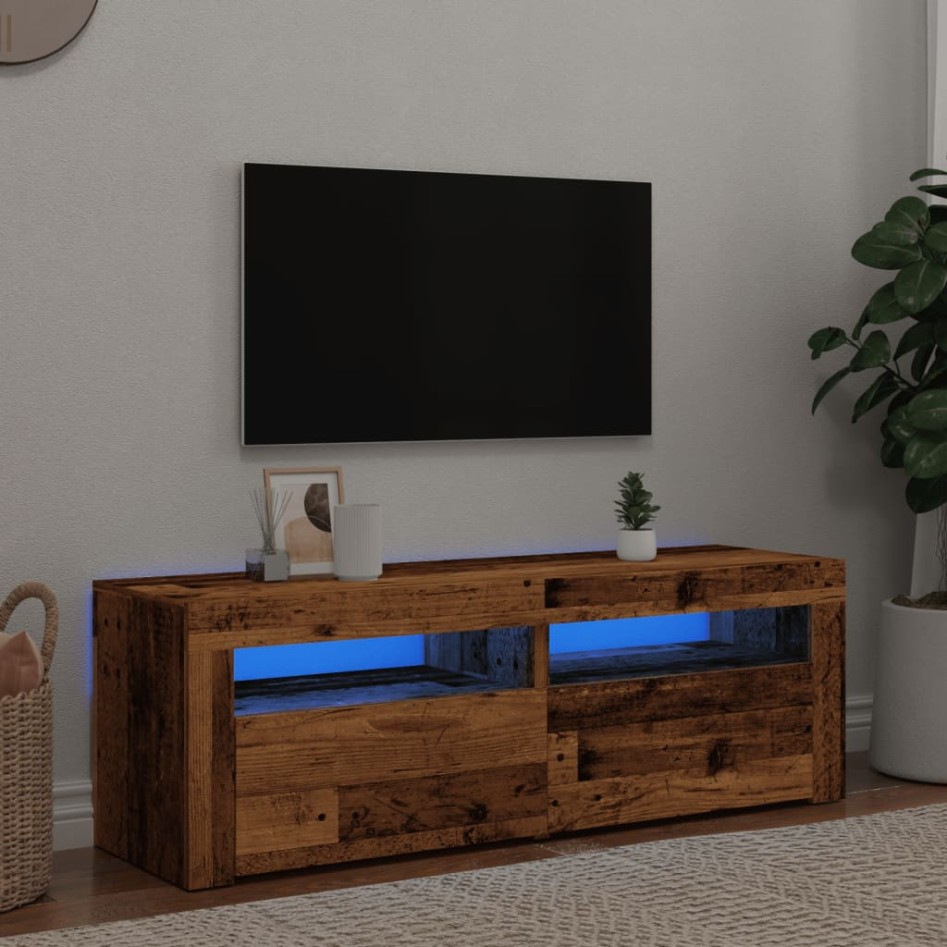 Mueble TV luces LED madera ingeniería envejecida 120x35x40