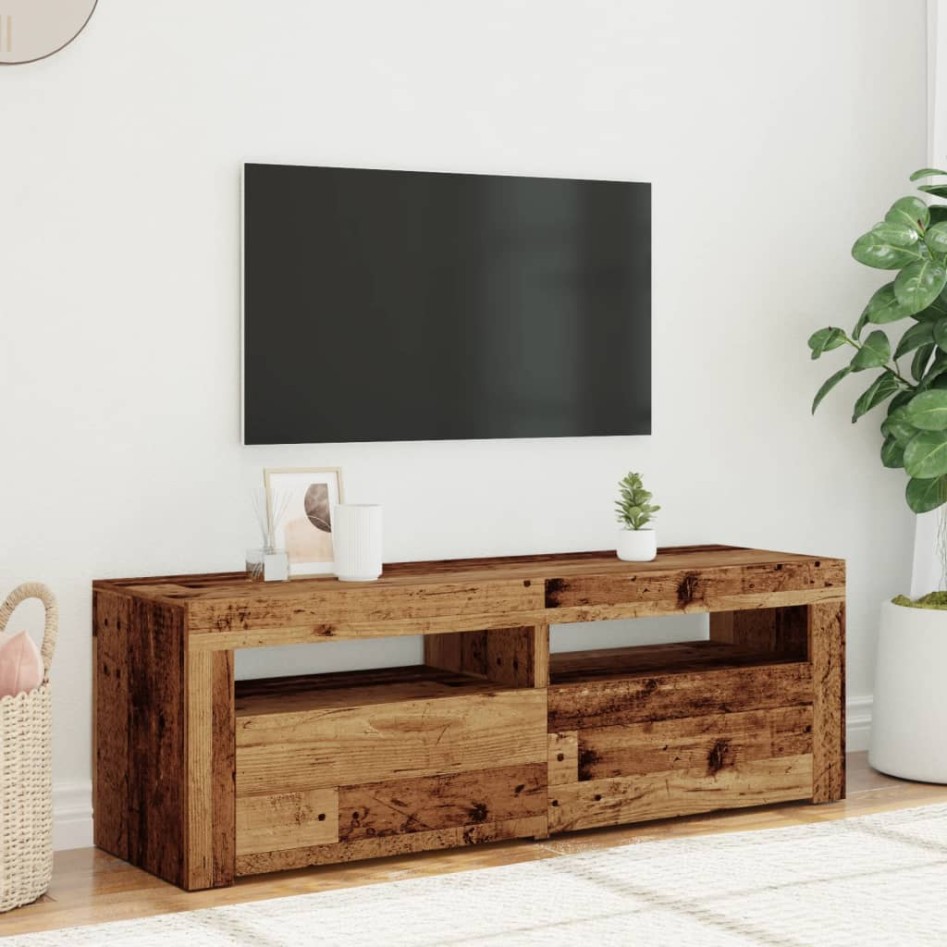 Mueble TV luces LED madera ingeniería envejecida 120x35x40