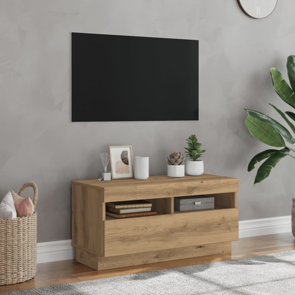 Mueble TV luces LED madera ingeniería roble artisan 80x35x40