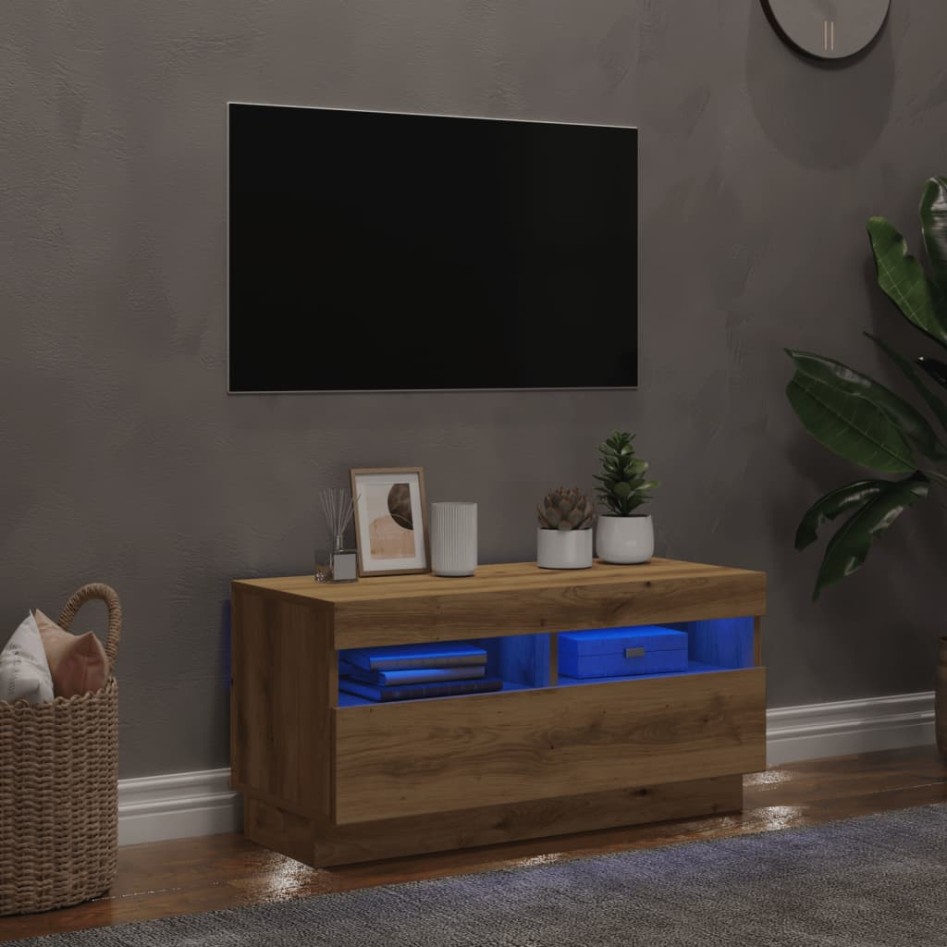 Mueble TV luces LED madera ingeniería roble artisan 80x35x40
