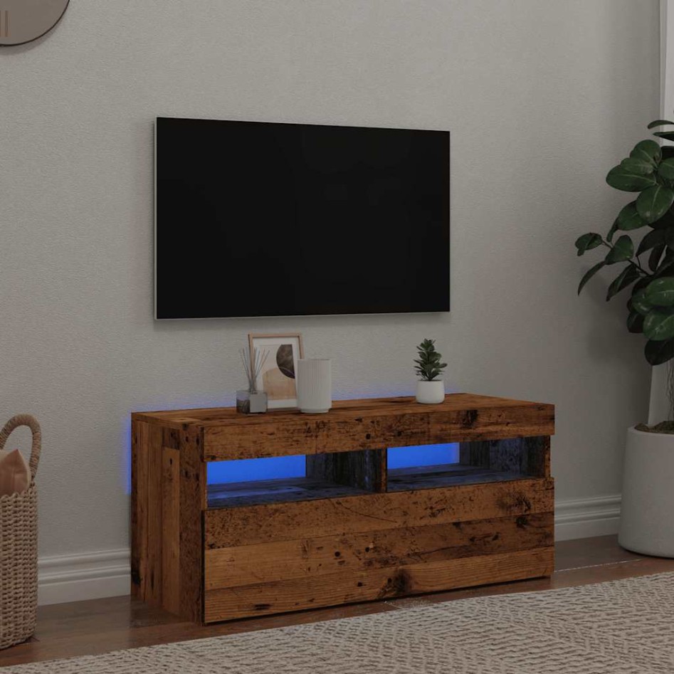 Mueble TV luces LED madera ingeniería envejecida 90x35x40