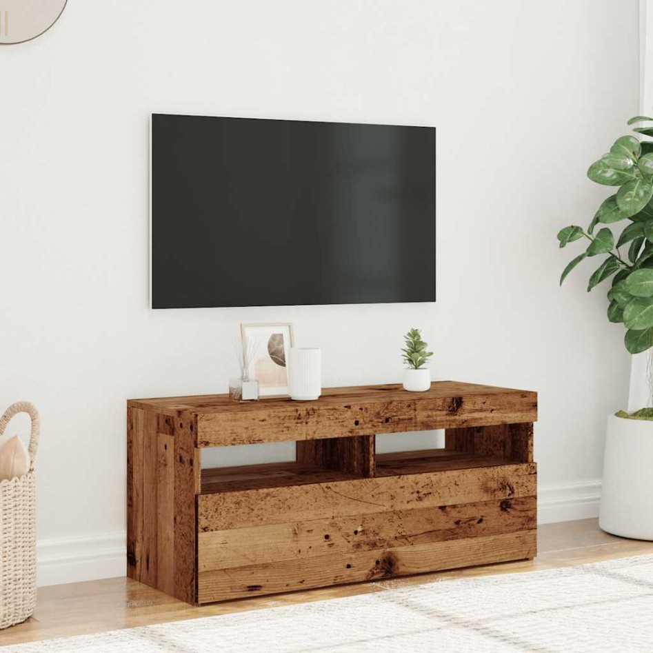 Mueble TV luces LED madera ingeniería envejecida 90x35x40