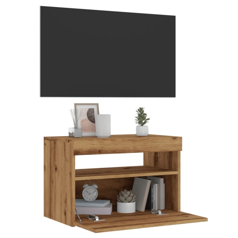Mueble de TV luces LED madera roble artisan 60x35x40