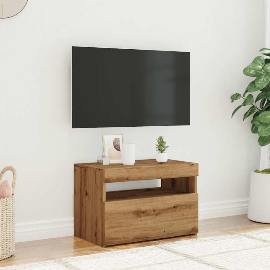 Mueble de TV luces LED madera roble artisan 60x35x40