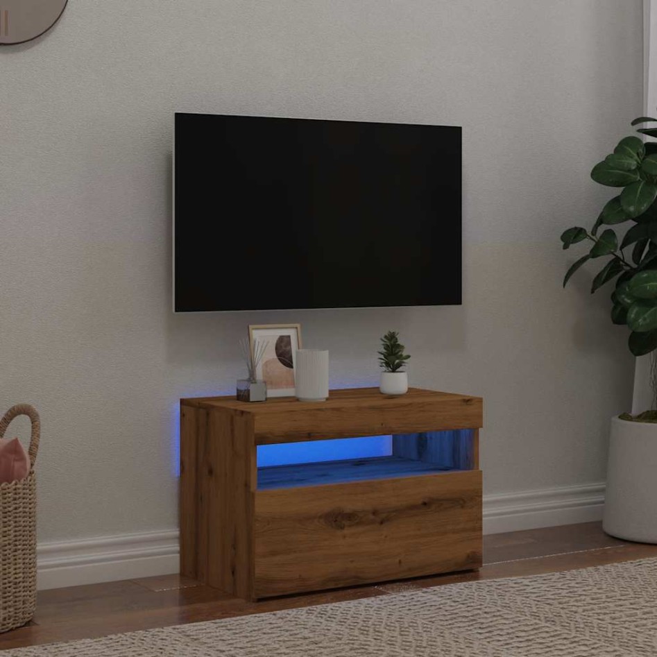 Mueble de TV luces LED madera roble artisan 60x35x40