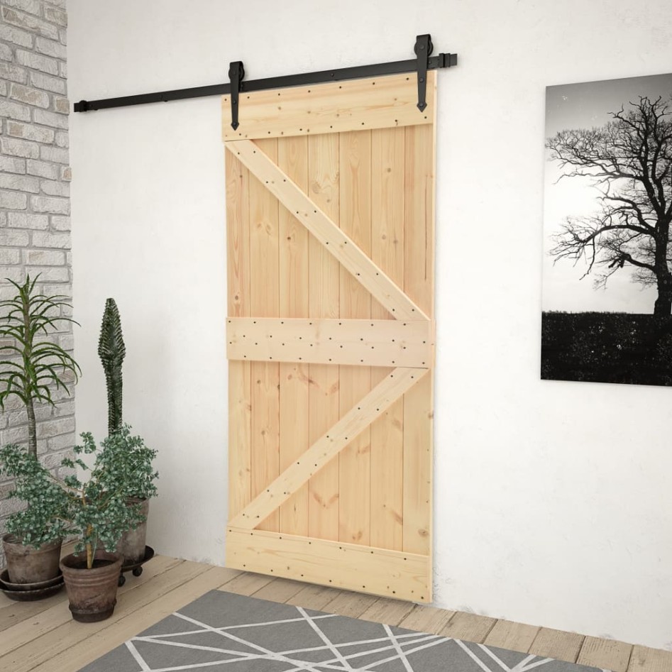 Puerta corredera con herrajes madera maciza de pino 90x210