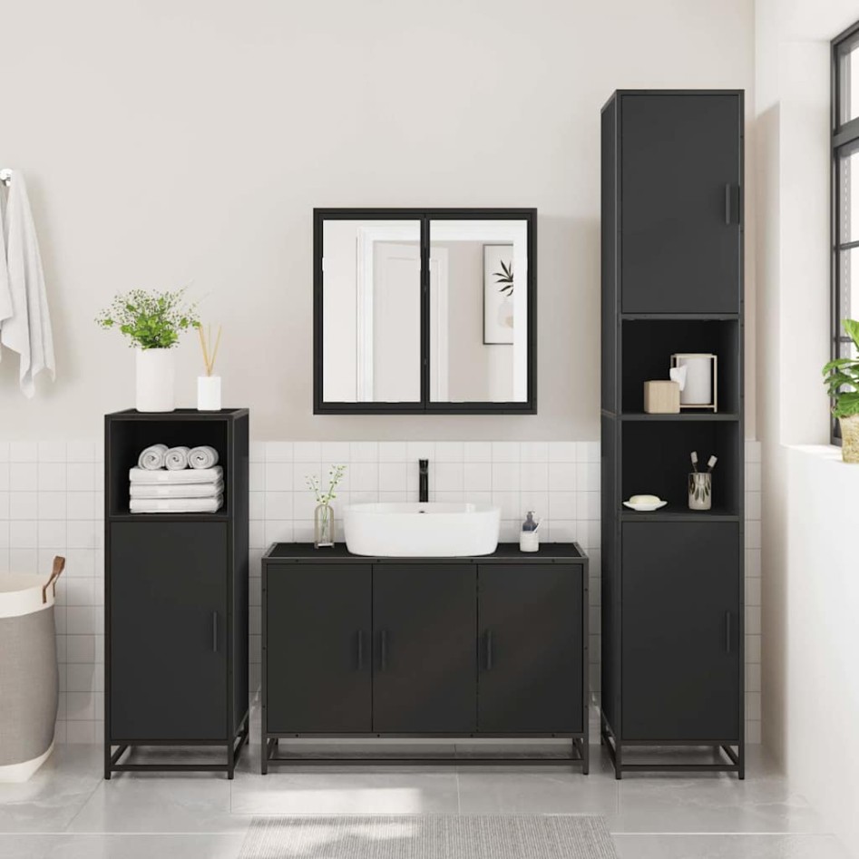 Armario de lavabo de baño madera ingeniería negro 90x33x60