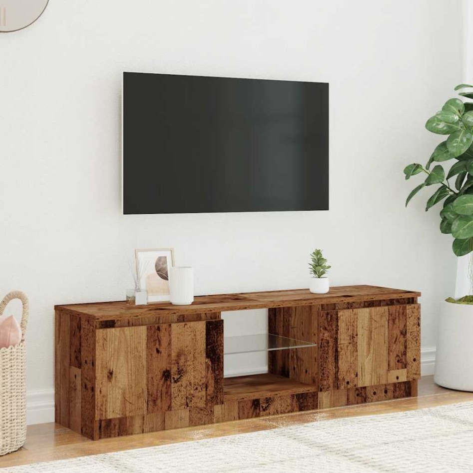 Mueble TV luces LED madera ingeniería envejecida 120x30x36