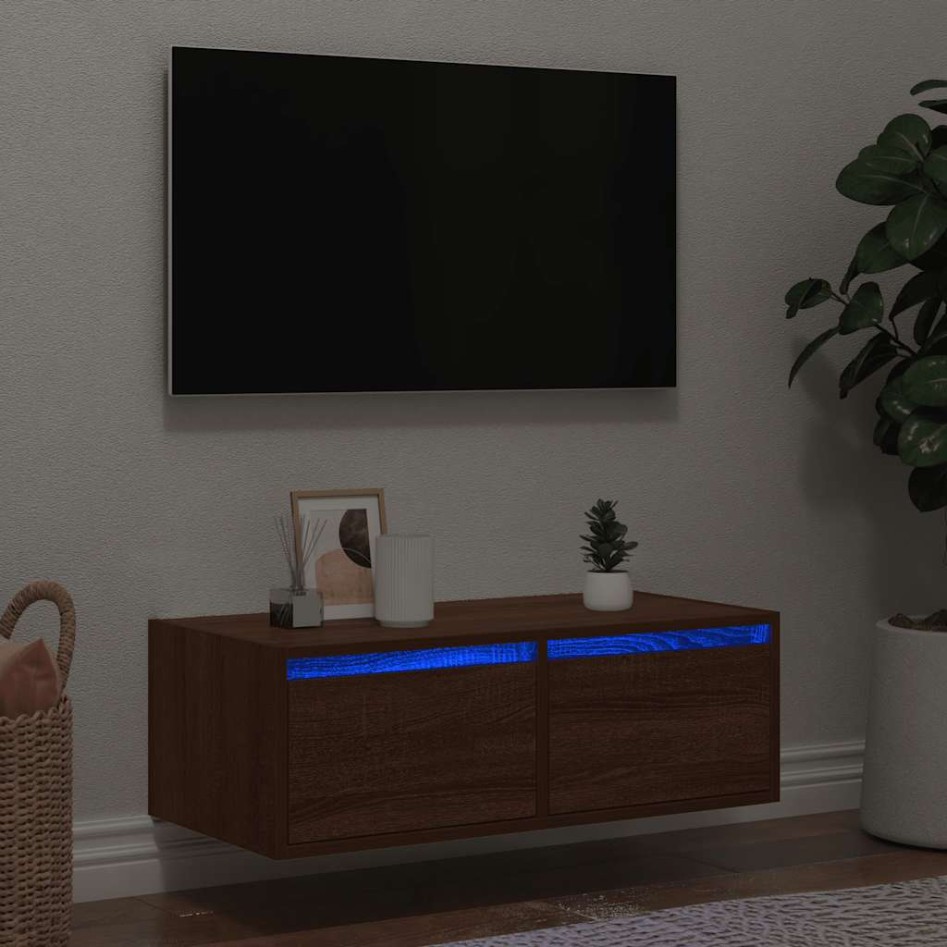 Mueble de TV con luces LED roble marrón 75x35,5x25