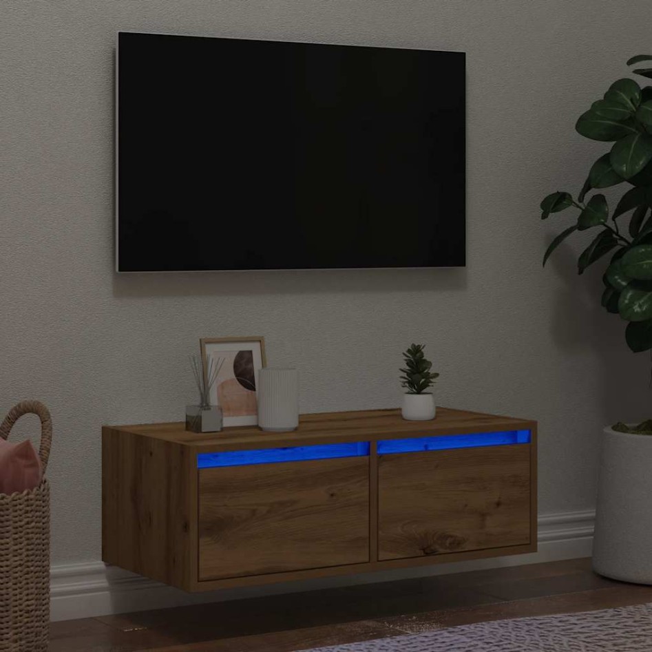 Mueble de TV con luces LED roble artisan 75x35,5x25