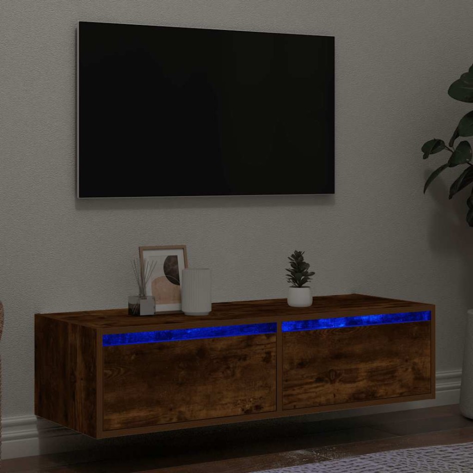 Mueble de TV con luces LED roble ahumado 100X35,5x25