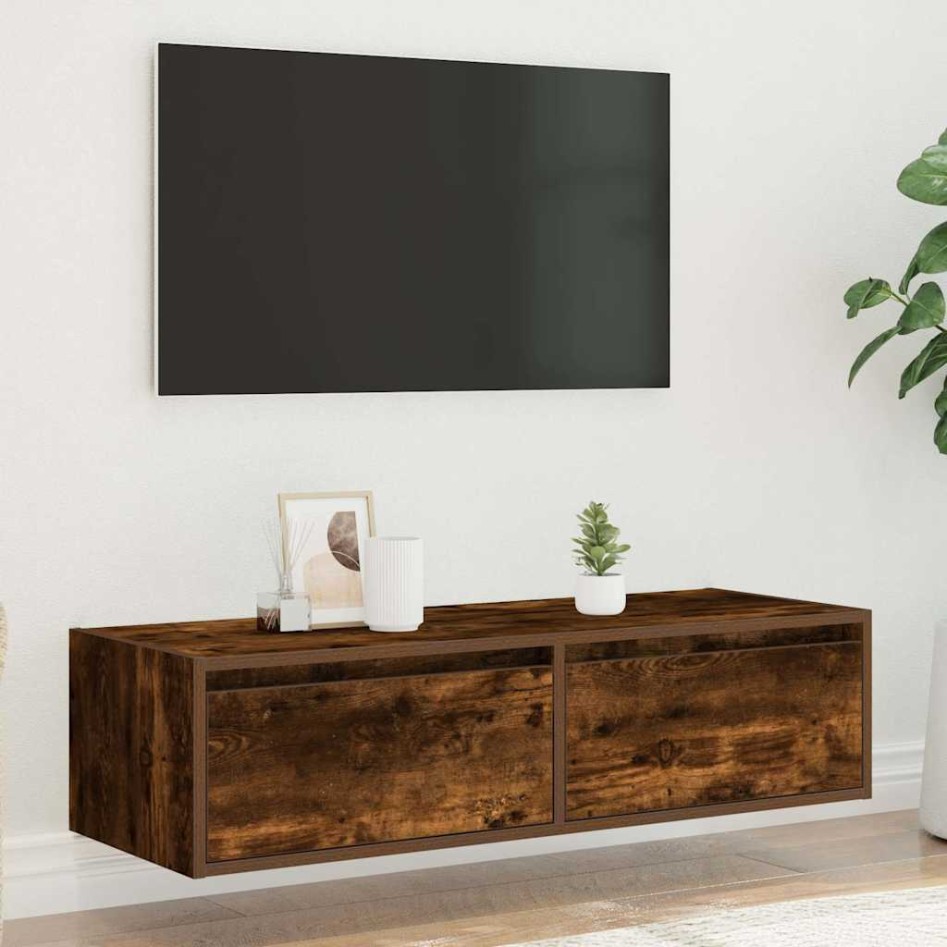 Mueble de TV con luces LED roble ahumado 100X35,5x25