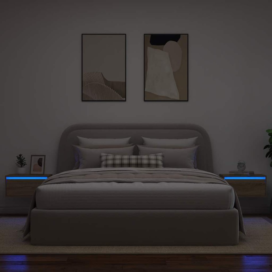 Mesitas de noche de pared con luces LED 2 unidades roble