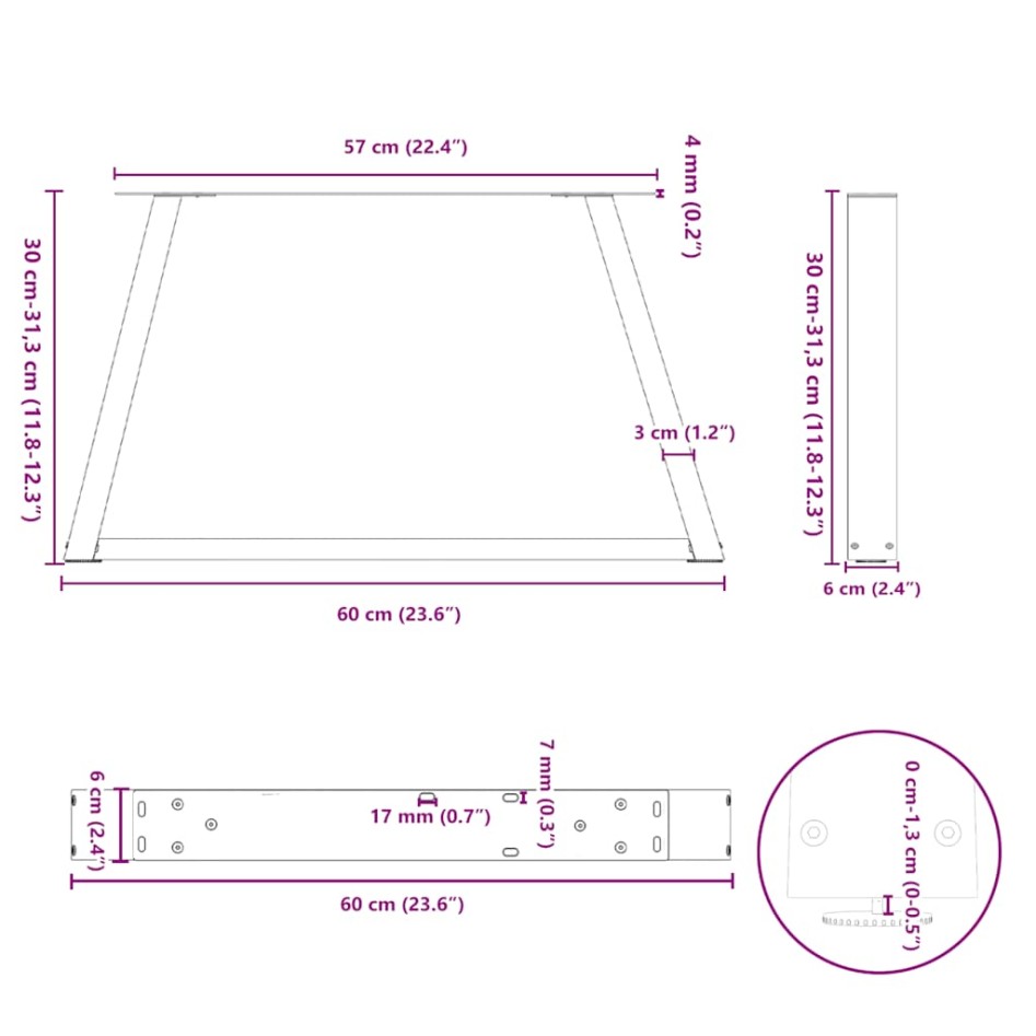 Patas para mesa de comedor forma V 2 uds negro 60x(30-31,3)