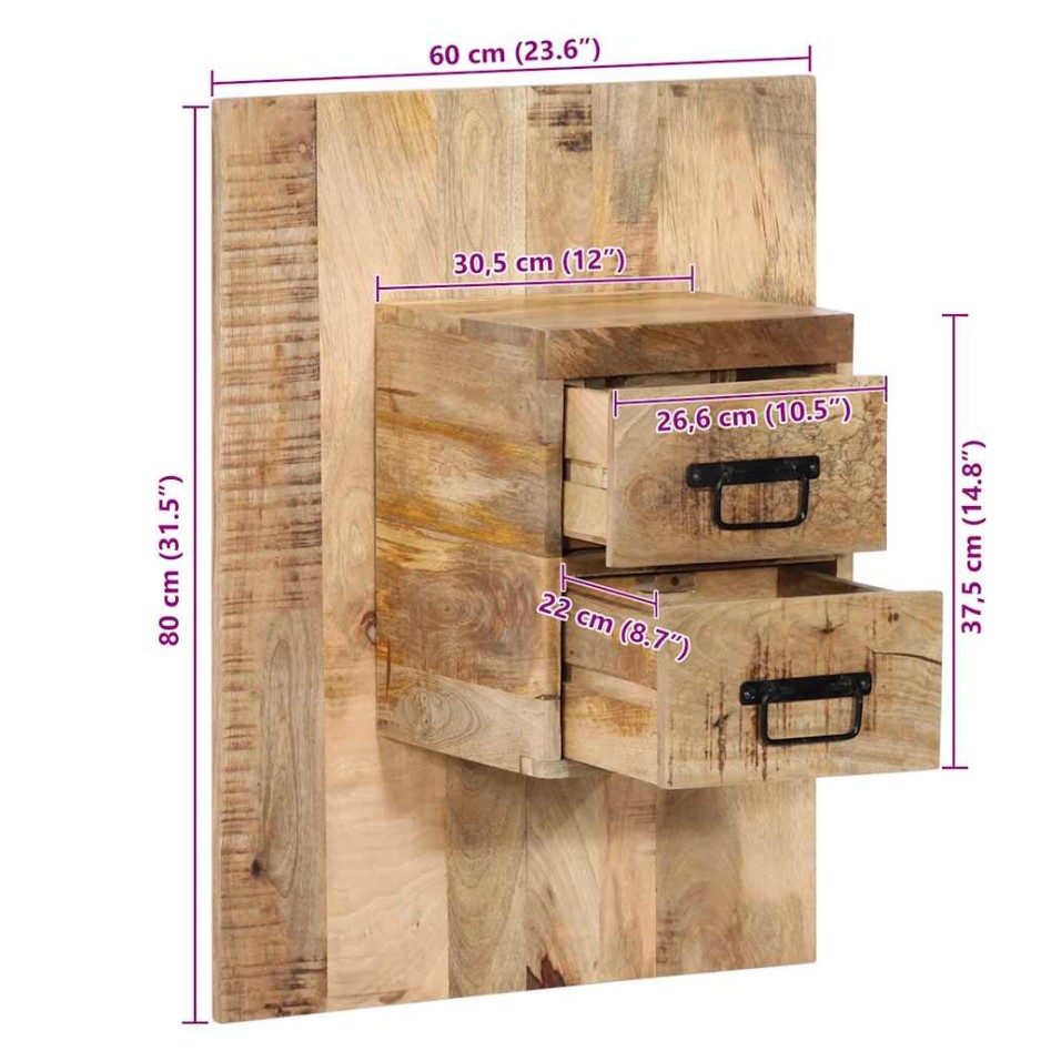 Mesita de noche madera maciza de mango 60x32x80