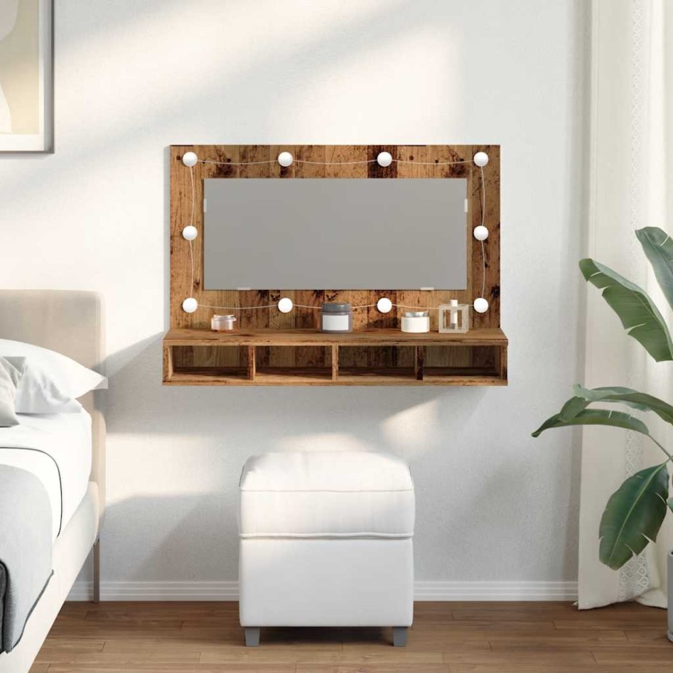 Mueble con espejo y LED madera vieja 90x31,5x62
