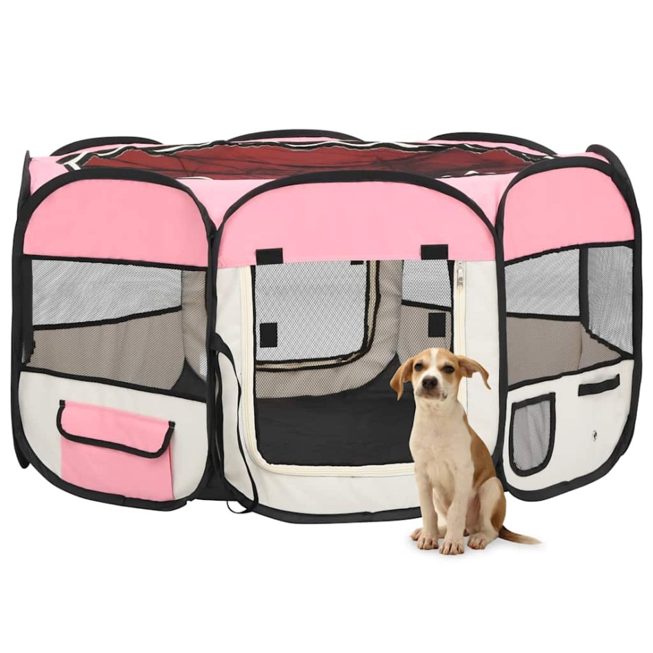 Parque de perros plegable y bolsa transporte rosa