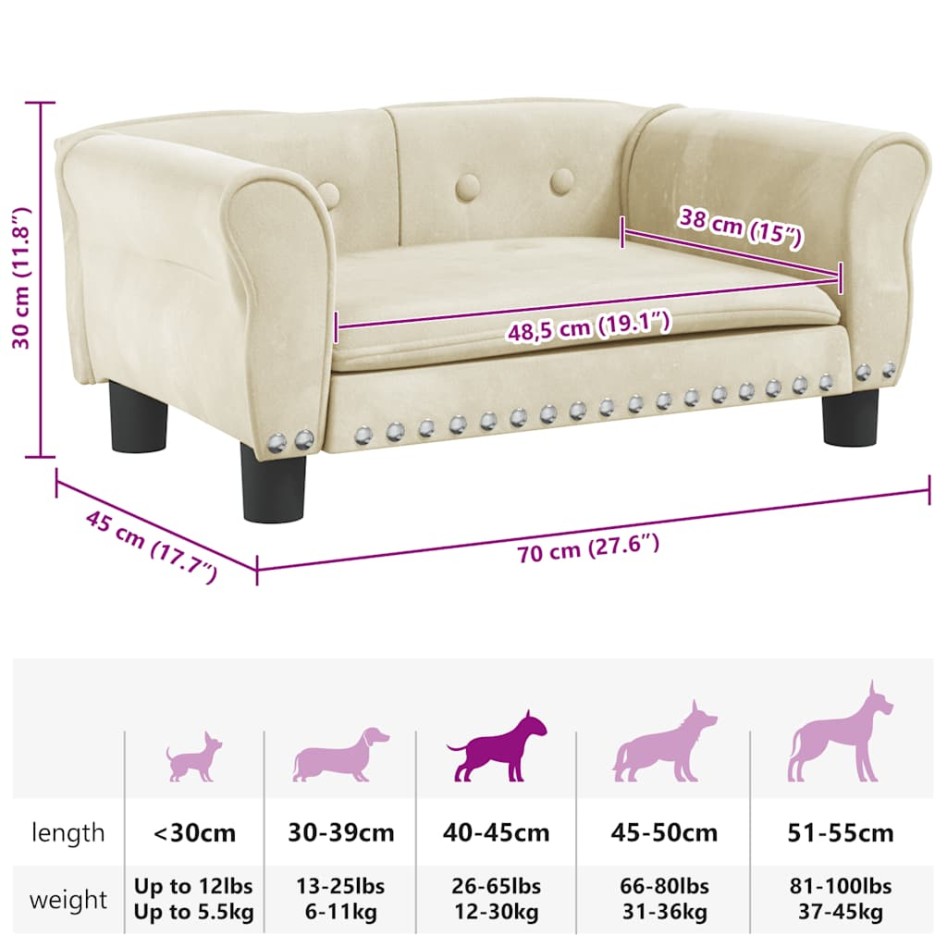 Cama para perros de terciopelo crema 70x45x30