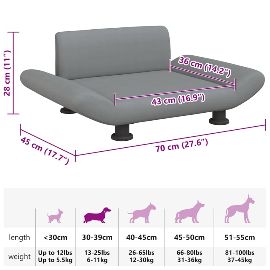 Cama para perros de tela gris claro 70x45x28