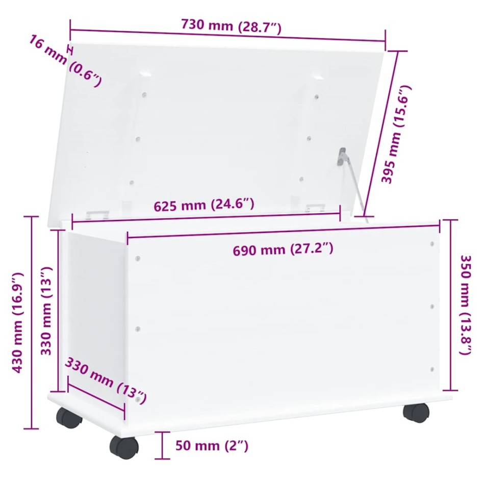 Baúl almacenaje ruedas ALTA madera maciza blanco 73x39,5x43